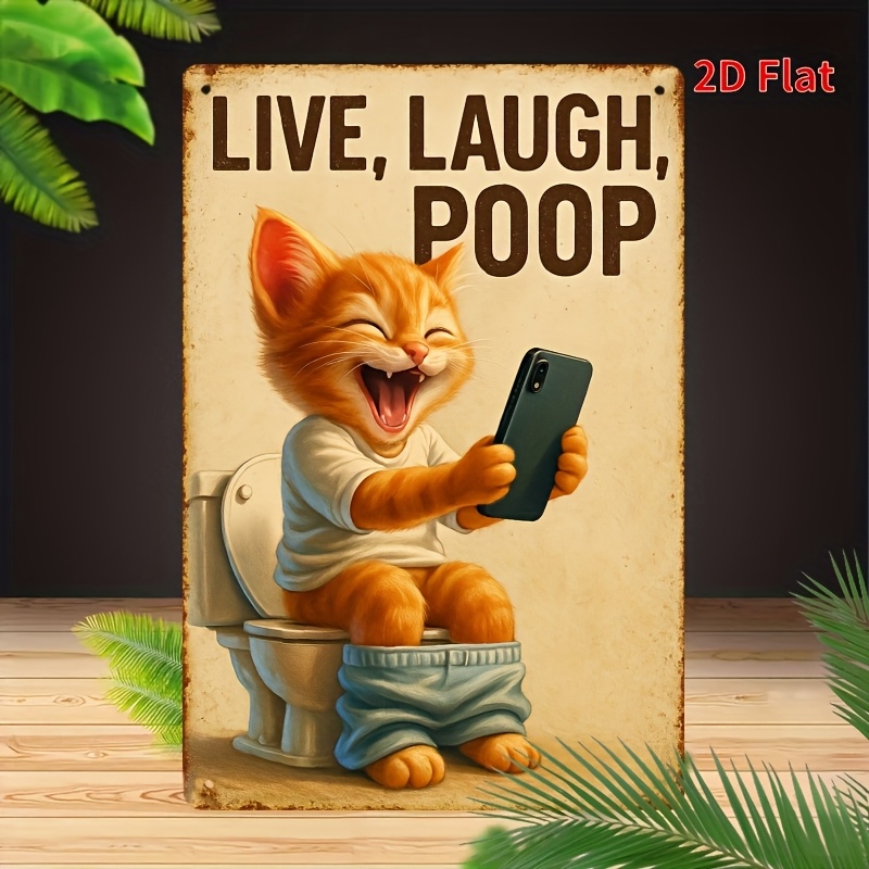 Home Bathroom Signs - Металлическая настенная вывеска с забавным котом